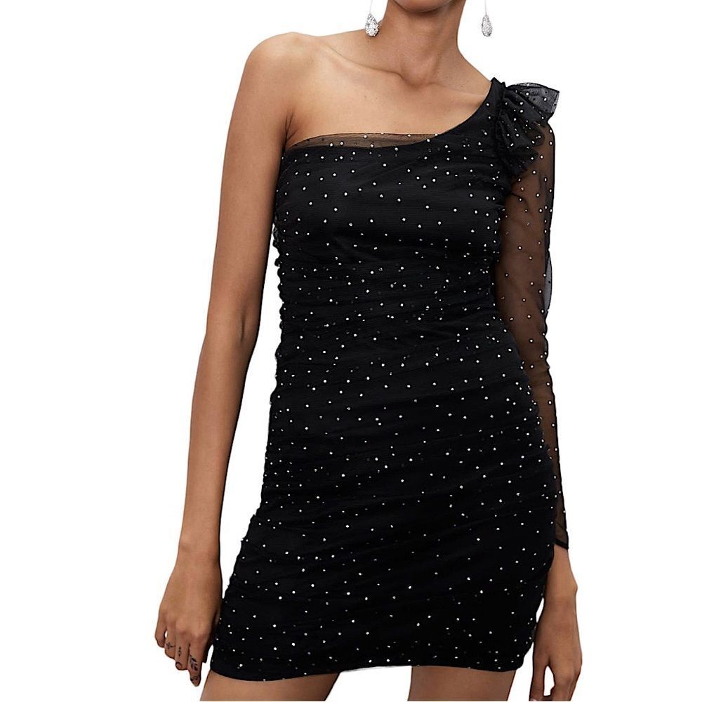 ZARA Dress One Shoulder Black Rhinestone Size XS • BLOGGER FAVORITE •
